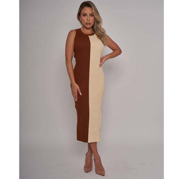 NWT Cream Brown Ribbed Knit Fall Midi Dress - S - Picture 1 of 5
